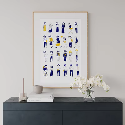 Photo Wall Decor with Different Posed Figures in Blue Yellow White Colors and Golden Frame 3d model