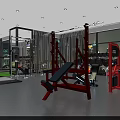 Modern Gym Interior With Red Black Fitness Machines Dumbbell Rack And Large Windows