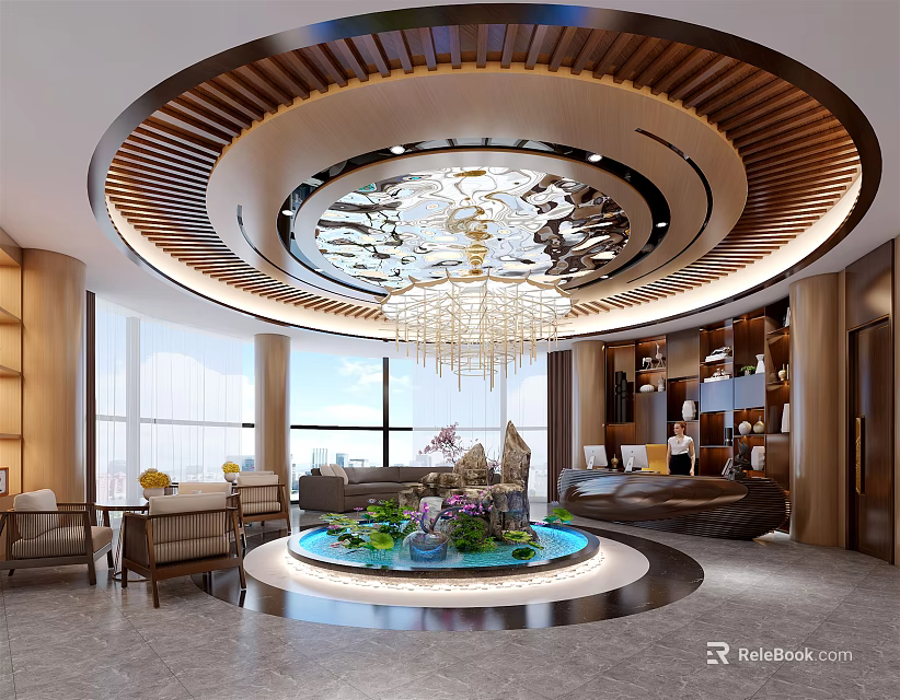 Luxurious Modern Shop Front Desk With Circular Wooden Ceiling Crystal Chandelier And Water Feature 3d model 