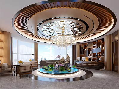 Luxurious Modern Shop Front Desk With Circular Wooden Ceiling Crystal Chandelier And Water Feature 3d model