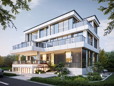 Modern Multi Story Detached Villa With Large Glass Windows And Balconies Surrounded By Greenery 3d model
