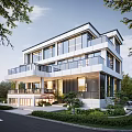 Modern Multi Story Detached Villa With Large Glass Windows And Balconies Surrounded By Greenery