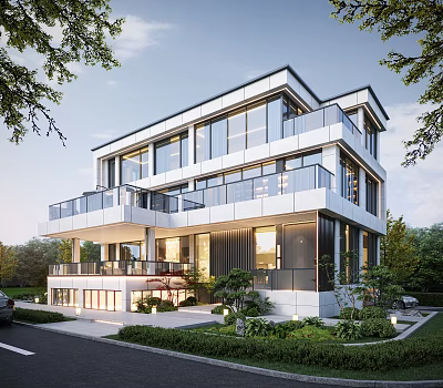 Modern Multi Story Detached Villa With Large Glass Windows And Balconies Surrounded By Greenery 3d model