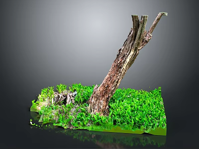 Lush Green Plants and Grass Surrounding Weathered Tree Trunk on Small Platform 3d model
