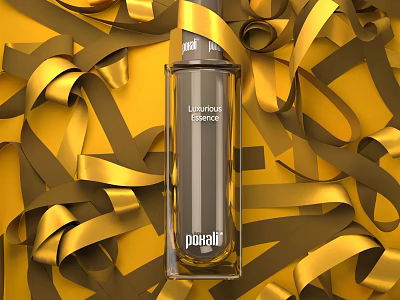 Elegant Luxurious Perfume Bottle Decorated With Golden Ribbons On Bright Yellow Background 3d model