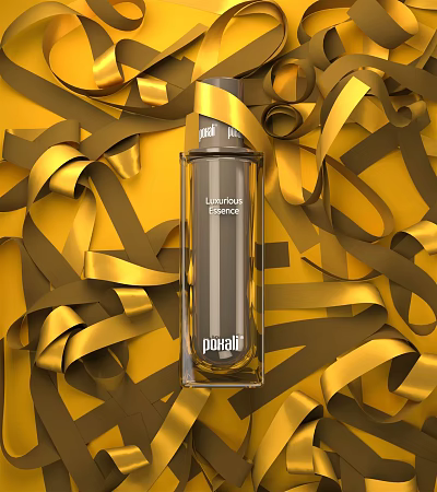 Elegant Luxurious Perfume Bottle Decorated With Golden Ribbons On Bright Yellow Background 3d model