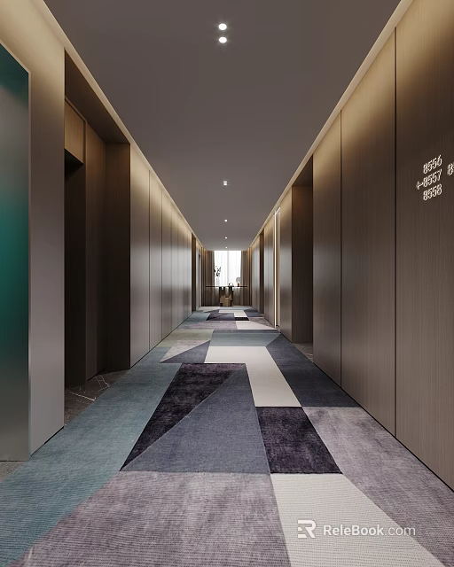 Modern Hotel Corridor Interior Design With Wooden Walls Geometric Carpet And Recessed Lighting 3d model 