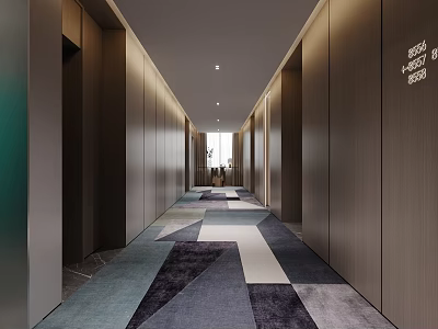 Modern Hotel Corridor Interior Design With Wooden Walls Geometric Carpet And Recessed Lighting 3d model