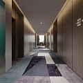 Modern Hotel Corridor Interior Design With Wooden Walls Geometric Carpet And Recessed Lighting
