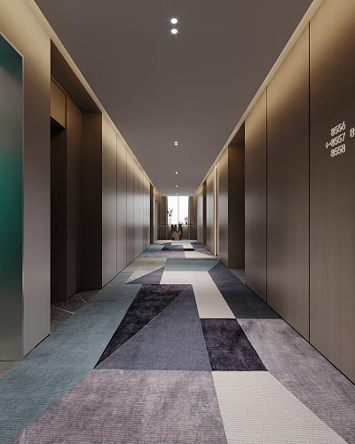 Modern Hotel Corridor Interior Design With Wooden Walls Geometric Carpet And Recessed Lighting 3d model