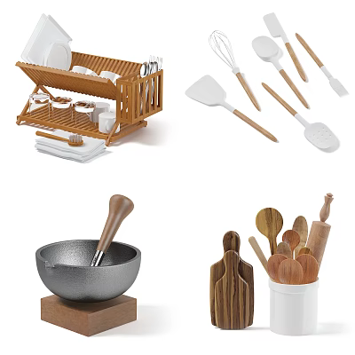 Wooden Kitchen Utensils Set With Drainer Rack Spatula Whisk And Cutting Board 3d model
