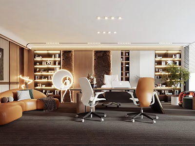Luxury Office Interior With Wooden Bookshelves Leather Sofa White Desk And Ergonomic Chairs 3d model