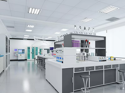 Modern Laboratory Interior With Ceiling Lights Lab Equipment And Reagent Bottles On Shelves 3d model