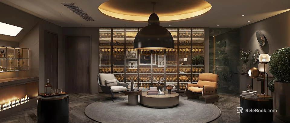 Luxury Wine Cellar Interior With Circular Ceiling Light Wine Bottles On Racks And Leather Chairs 3d model 