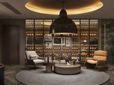 Luxury Wine Cellar Interior With Circular Ceiling Light Wine Bottles On Racks And Leather Chairs 3d model