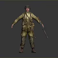 Military Soldier in Uniform with Rifle and Gear Standing Against Gray Background
