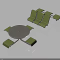 Modern Furniture Set Featuring Round White Tabletop Green Seats Chairs And Bench