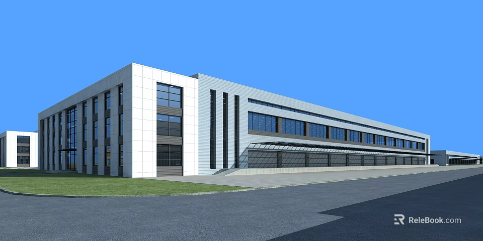 Modern Industrial Factory Building Exterior Design With Large Windows Green Landscaping And Regular Structure 3d model 