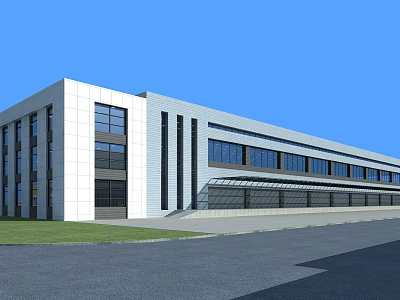Modern Industrial Factory Building Exterior Design With Large Windows Green Landscaping And Regular Structure 3d model