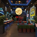 Vintage Bar Interior With Blue Counter Red Sofas Green Brick Walls And Chandeliers