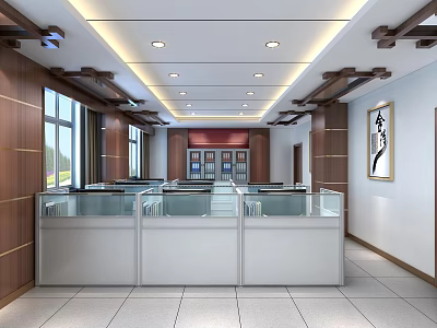 Spacious Modern Office Interior With Glass Counters Wooden Walls And Ceiling Lights 3d model