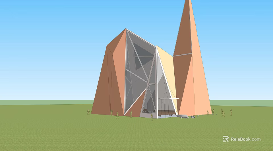 Ancient Architecture Geometric Shape Orange Yellow Facade Spire Structure Green Lawn Blue Sky 3d model 