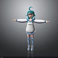 3D Anime Character Creature With Turquoise Hair White Hoodie Blue Skirt Open Arms Pose
