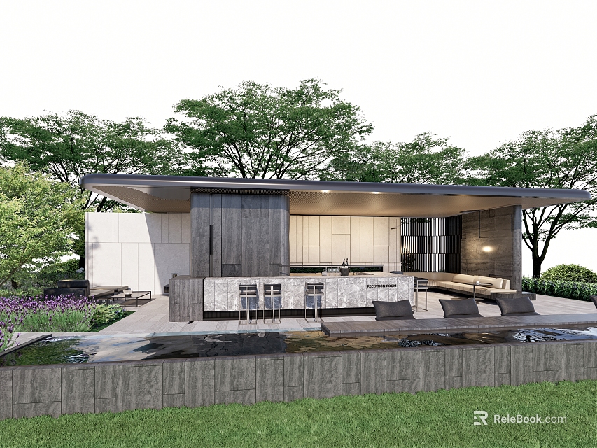 Modern Outdoor Pergola Design With Seating Area Bar Counter And Surrounding Greenery 3d model 