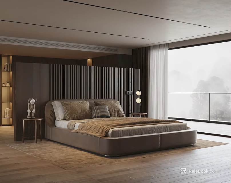 Modern Bedroom Interior With Large Bed Wooden Slat Headboard Nightstand Large Window And Wooden Flooring 3d model 