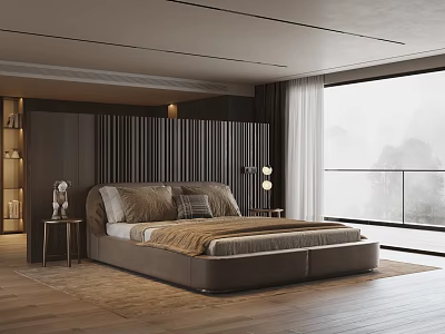 Modern Bedroom Interior With Large Bed Wooden Slat Headboard Nightstand Large Window And Wooden Flooring 3d model