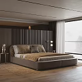 Modern Bedroom Interior With Large Bed Wooden Slat Headboard Nightstand Large Window And Wooden Flooring