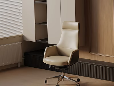 Beige Leather High Back Office Chair With Swivel Wheels In Modern Interior Wooden Wall And Blinds 3d model