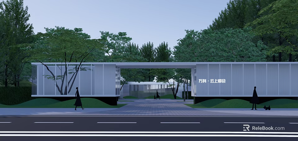 Modern White Pergola Open Structure At Entrance With Trees Road And Pedestrians 3d model 