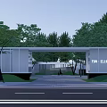 Modern White Pergola Open Structure At Entrance With Trees Road And Pedestrians