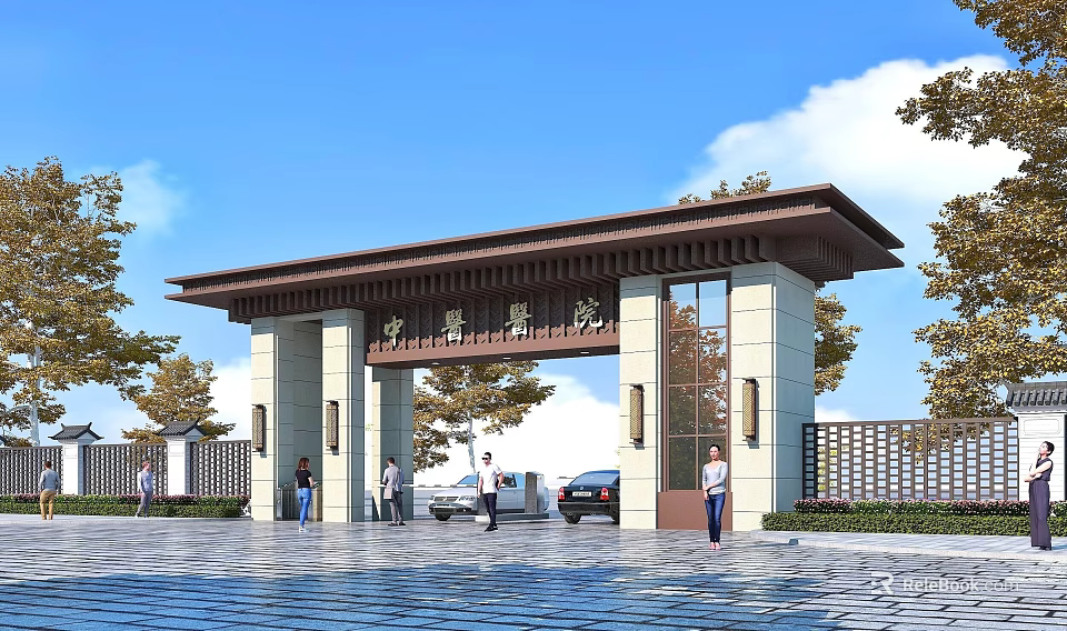 Traditional Chinese Academy Gate with Classic Roof and Stone Columns Surrounded by Trees and Pedestrians 3d model 