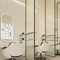 Modern Beauty Hair Salon Interior With White Salon Chairs Oval Mirrors And Glass Partitions