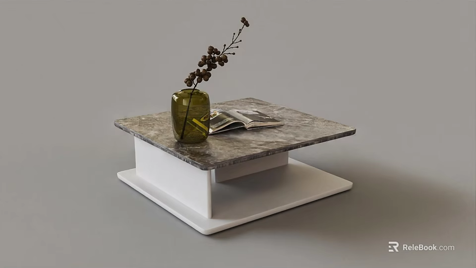 Modern Marble Top Coffee Table With White Base Vase And Magazines Decor 3d model