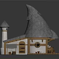 Cartoon Style Cottage With Pointed Gray Roof Small Tower Round Window And Wooden Porch