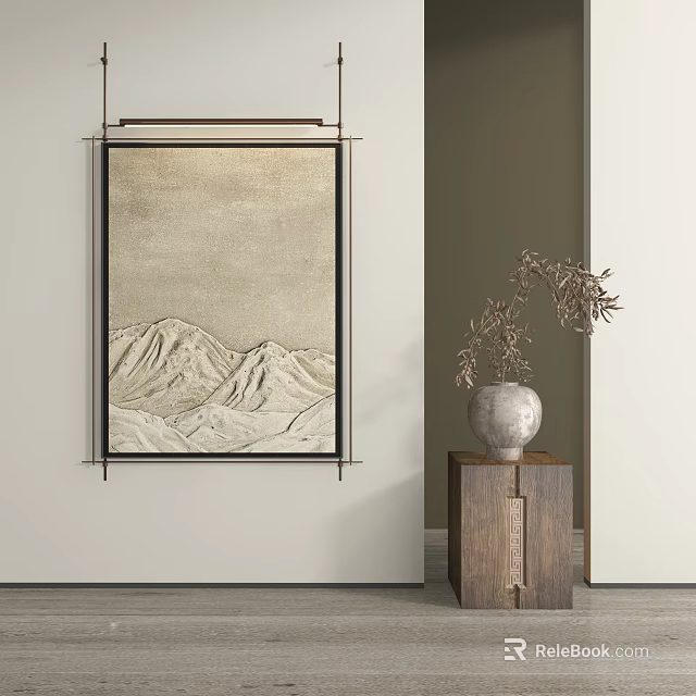 Abstract Painting With Minimalist Line Art On Neutral Wall Near Wooden Cabinet And Vase 3d model 