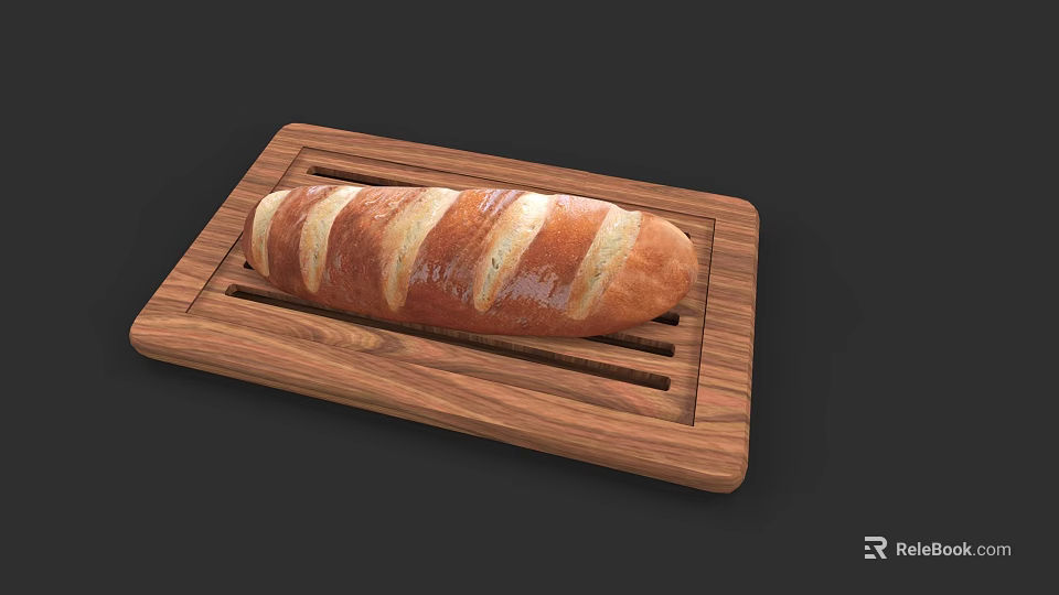 Freshly Baked Golden Loaf of Bread on Wooden Slotted Serving Tray 3d model 