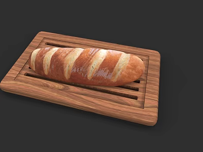 Freshly Baked Golden Loaf of Bread on Wooden Slotted Serving Tray 3d model