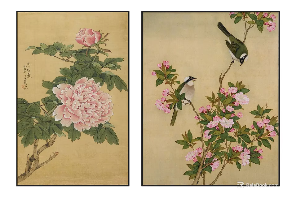 Traditional Botanical Paintings With Pink Peony Green Leaves And Birds 3d model 