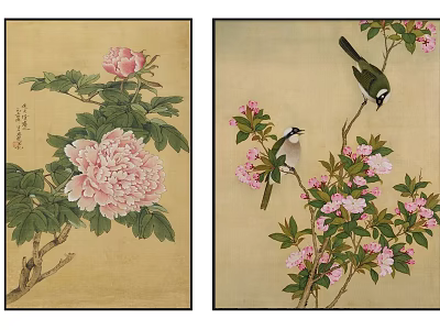 Traditional Botanical Paintings With Pink Peony Green Leaves And Birds 3d model