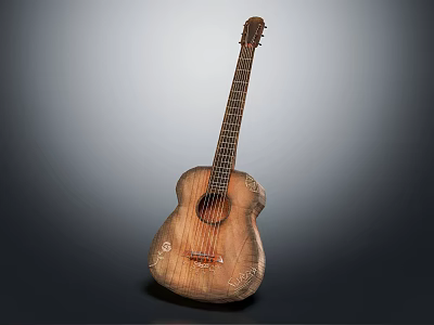 Vintage Style Handmade Guitar with Detailed Decorative Carvings Using Art Supplies 3d model