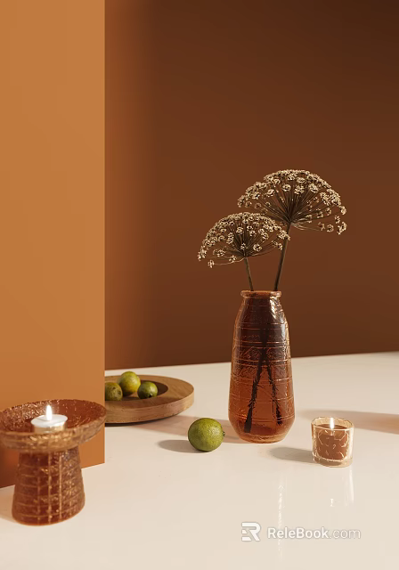 Stylish Brown Vase With Dried Flowers Limes In Wooden Tray And Candles 3d model 