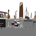 Diverse Musical Instruments Collection With Piano Drum Set Guitar Saxophone Pipa and Music Stands