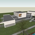 Modern Geometric Building Exterior White Dark Facade Lawn Trees Wooden Deck Water And Cloudy Sky