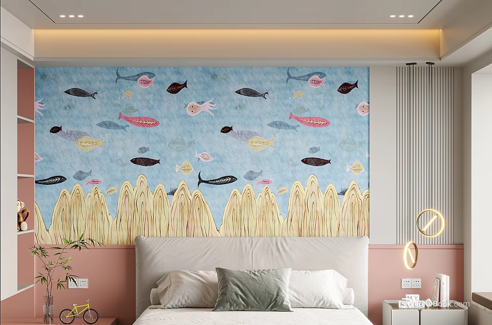 Bedroom Interior Design With Blue Wallpaper Colorful Fish Seagrass Patterns And Pink Headboard 3d model 