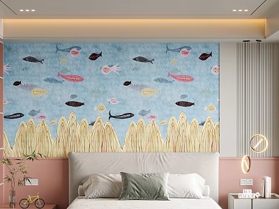 Bedroom Interior Design With Blue Wallpaper Colorful Fish Seagrass Patterns And Pink Headboard 3d model