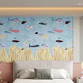 Bedroom Interior Design With Blue Wallpaper Colorful Fish Seagrass Patterns And Pink Headboard